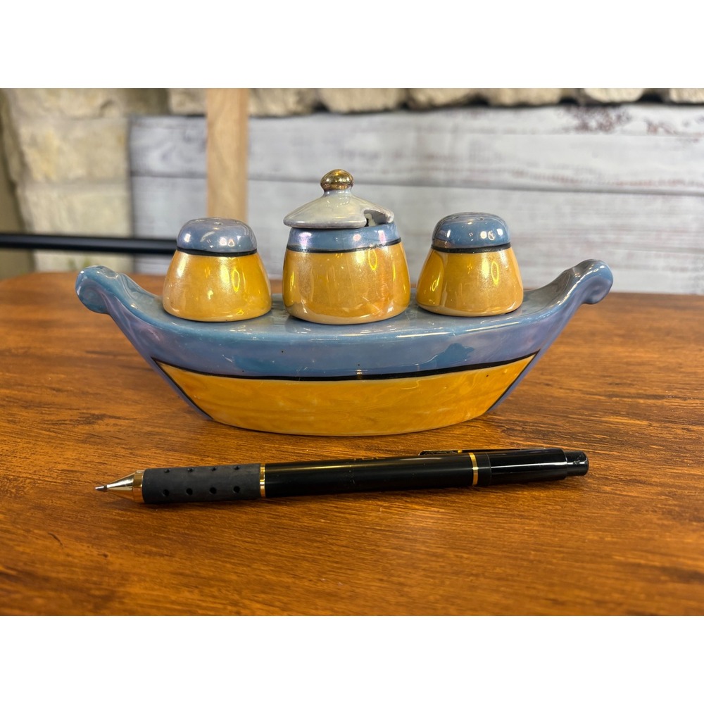 Vintage Japan Lusterware Boat Condiment Set Salt Pepper Shakers Yellow Blue